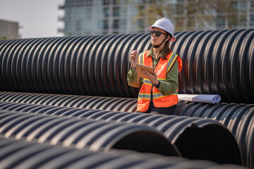 Engineer worker operations construction plans large black drainage pipe installing underground...