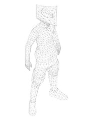 A man in a black and white outfit stands in front of a white background. The image is a black and white drawing of a man with a hat on.