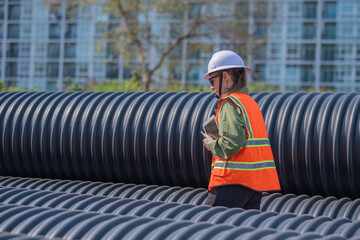 Engineer worker operations construction plans large black drainage pipe installing underground...