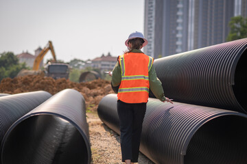 Engineer worker operations construction plans large black drainage pipe installing underground...