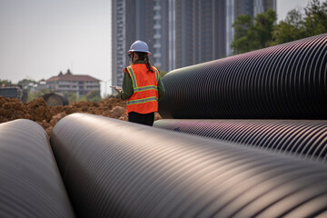 Engineer worker operations construction plans large black drainage pipe installing underground...
