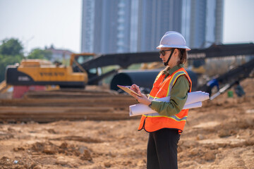 Engineer worker operations construction plans large black drainage pipe installing underground...
