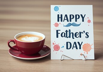 A steaming cup of coffee sits on a rustic wooden table alongside a colorful card wishing Happy Father's Day. The card features charming watercolor splashes, creating a festive atmosphere