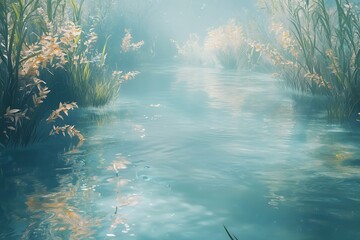 A tranquil riverbed painted in soft hues, with shimmering reflections and swaying underwater plants.