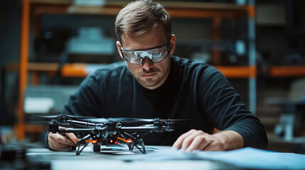 Engineer Inspecting Drone: Man in safety glasses examining a quadcopter in workshop, focused on details.