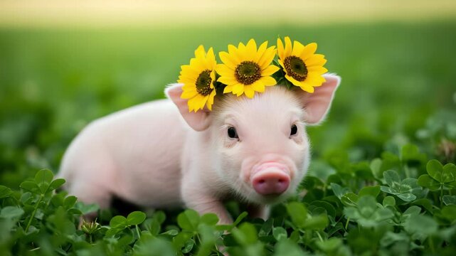 A tiny piglet wearing a sunflower crown, lying on its back in a field of clover