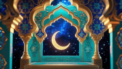 Fototapeta premium An ornate archway frames a crescent moon against a celestial backdrop with decorative details.