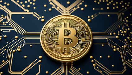 3D Render of Gold Bitcoin Emblem with Digital Network - Crypto Currency Investment and Technology