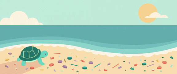 World Environment Day, Ending Plastic Pollution #BeatPlasticPollution - Sea Turtle Crawling Across a Sandy Beach with Plastic Waste