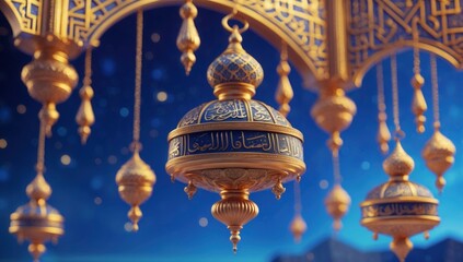 Hanging ornamental lanterns with calligraphy and golden details create a festive, spiritual