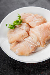 Raw fish fillet white fish seafood appetizer dish organic product fresh tasty gourmet food background on the table rustic food top view copy space pescetarian diet