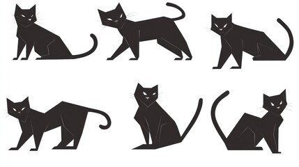 Six black cats in various poses, for graphic design or animal related projects