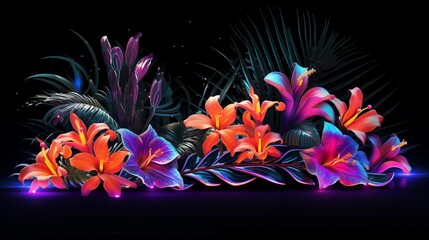 Obraz premium Bright neon-tube outlines of lilies, orchids, and ferns across