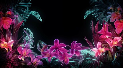 Obraz premium Bright neon-tube outlines of lilies, orchids, and ferns across
