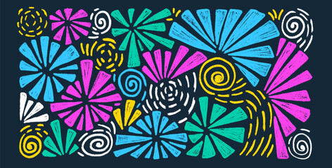 Firework drawing by crayon set. Colorful night party firecrackers and splashes in scribble doodle style isolated on dark background. Carnival decoration. Vector hand drawn by pencil illustration.