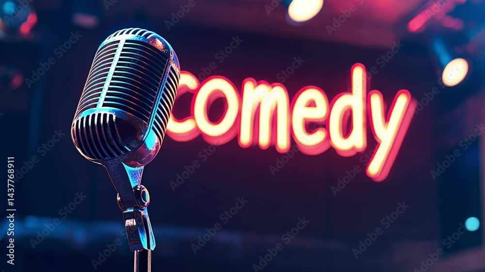 Poster back view of male comedian wearing casual clothes and a beanie, singing into microphone on a brightl