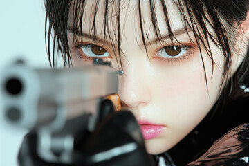 close-up of asian woman with wet hair aiming gun with intense expression