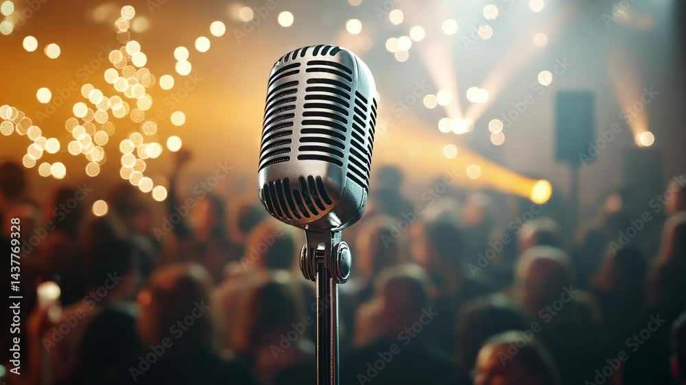 Aufkleber warm lights illuminate a stage, microphone centered in the foreground, awaiting a performer while a 