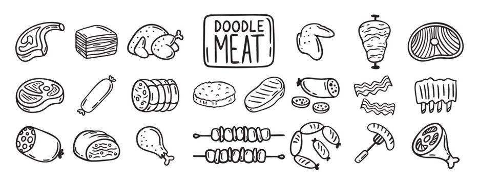 meat, pieces of meat and meat products doodle hand drawn icon set. Outline drawing meat products line clipart symbol collection