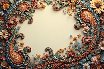 Classic paisley design, muted earth tones, flowing lines , fabric, repeat