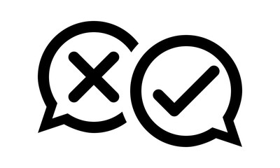 cross and check mark outline icon, forbidden and accepted speech bubble talking symbol, social media problem and solution sign