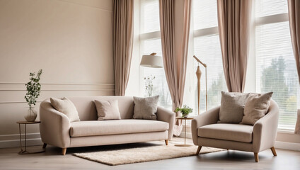 Fototapeta premium Cozy Home Living Room Interior Featuring a Table: A Perfect Gathering Space