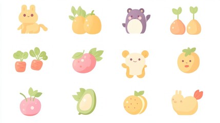Animals and Fruits Illustration, White Background. Stock Photos