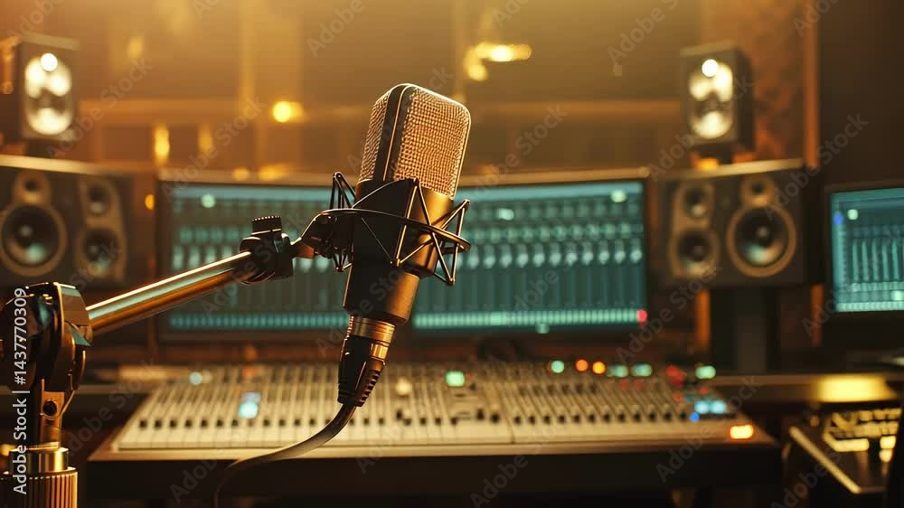 Poster sound waves pulsing in red and blue hues surrounding professional microphone, visualizing dynamic mu