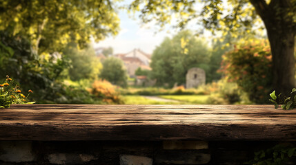 Naklejka premium Wooden table in the foreground offers a view of a lush garden bathed in warm sunlight