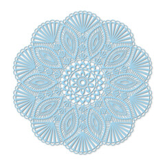 Round openwork lace doily. Imitation of crochet. Shadow and bevel effects. Transparent background. PNG.