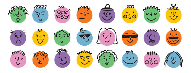 funny comic faces round abstract various emotions set. crayon drawing different colorful characters. cartoon flat design.
