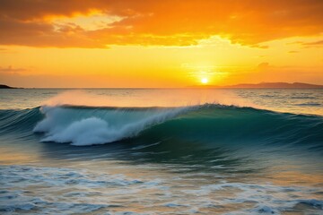 Fototapeta premium wave breaking in the ocean with a sunset in the background