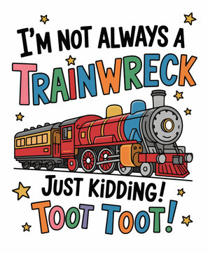 Whimsical Cartoon Train Illustration with Funny Quote &ndash; "I'm Not Always a Trainwreck, Just Kidding, Toot Toot!" Colorful and Playful Design