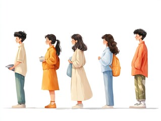 Obraz premium A stylized group of five individuals, stand side-by-side, waiting their turn. Cartoon, illustrative design.