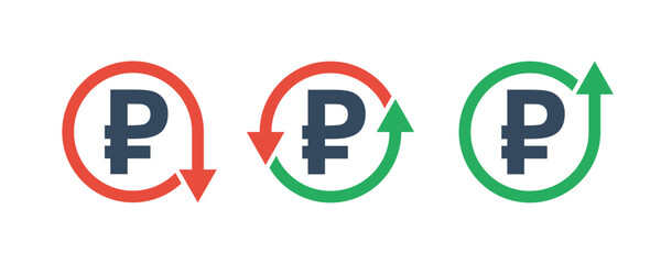 russian ruble currency symbol and round arrows up down, change costs marker, inflation growth or fall inflation indicator, tax up or down icon