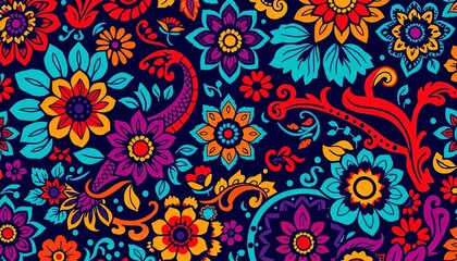 Intricate African-inspired floral paisley and geometric pattern in vibrant colors, abstract, floral