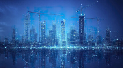 Abstract wireframe city skyline with construction cranes and blue lighting, creating futuristic