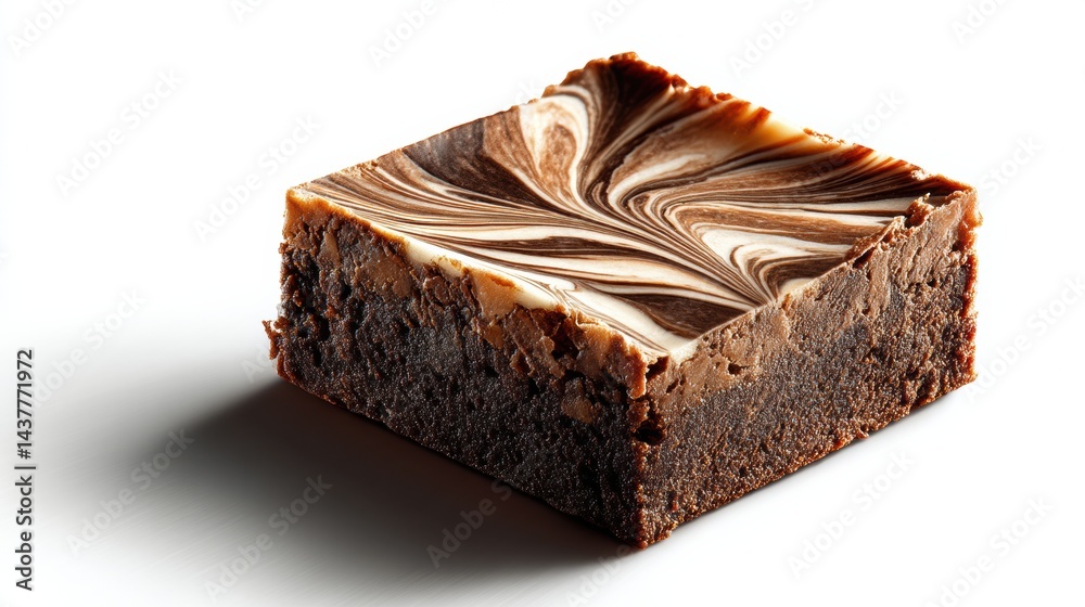 Poster brownie square topped with a swirl of chocolate and cream, isolated on white with dramatic shadow fo