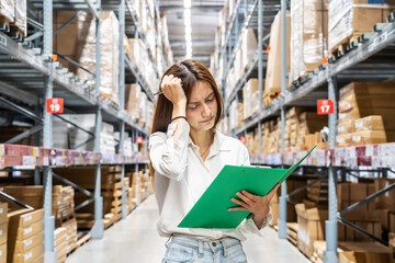 Large storage facility, Young woman diligently checking her clipboard as she organizes and oversees the supplies, but she forgot detail, feeling stressed, mistake while Exploring the warehouse