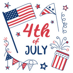 Obraz premium 4th of July. US Independence Day. Vector illustration of American flag, star, objects, Statue of Liberty, symbol, sign, ribbon icon for greeting card, poster, banner, background or invitation.