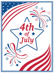 Obraz premium 4th of July. US Independence Day. Vector illustration of American flag, star, objects, Statue of Liberty, symbol, sign, ribbon icon for greeting card, poster, banner, background or invitation.