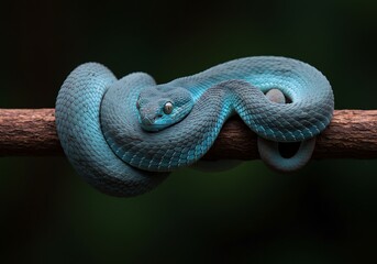 Fototapeta premium A vivid blue viper is coiled comfortably on a sturdy branch. The snake's scales glisten in the sunlight, surrounded by rich green foliage in a vibrant tropical habitat