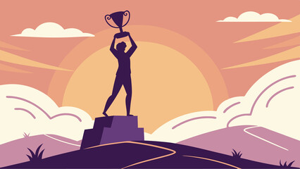Athlete Silhouette Lifting Trophy Triumphantly Against Sunset