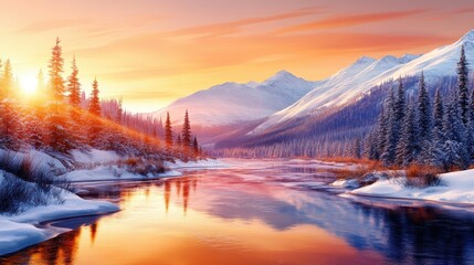 Obraz premium Serene Winter Sunset Over SnowCapped Mountains and Frozen River Majestic Peaks Reflecting in Still Water Sunbeams Illuminating Frosty Coniferous Forest