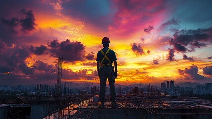 Fototapeta premium construction worker stands on site, gazing at vibrant sunset sky filled with colors