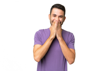 Young handsome caucasian man over isolated background happy and smiling covering mouth with hands