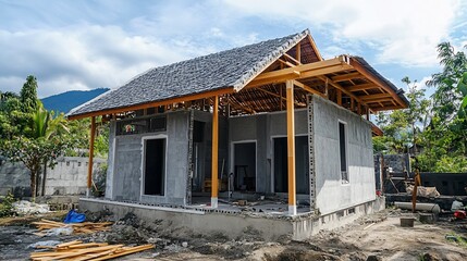 Construction Site of a Modern Minimalist House with Nature Surroundings