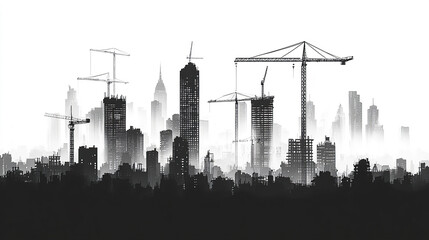 Obraz premium construction site skyline in black silhouette style, showcasing cranes and buildings