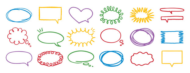 Colorful outline speech bubble set. pencil message form or clouds. Grunge style line frames.