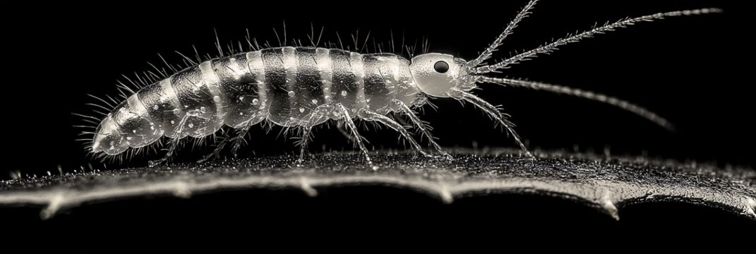 close-up of an armored springtail insect on a surface for macro nature photography